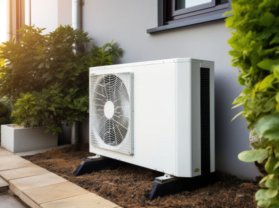 Air source heat pump installed in residential building. Außengerät einer Luftwärmepumpe © VZ NRW / adpic 