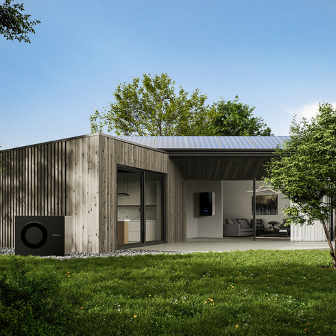 Modellhaus mit Luft-Wasser-Wärmepumpe Logatherm WLW186i-10 AR E von Buderus (Außen- und Inneneinheit) © Buderus / Bosch Thermotechnik GmbH
