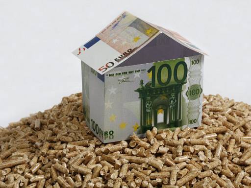 Haus aus Euroscheinen auf Holzpellets © Deutsches Pelletinstitut Haus aus Euroscheinen auf Holzpellets © Deutsches Pelletinstitut