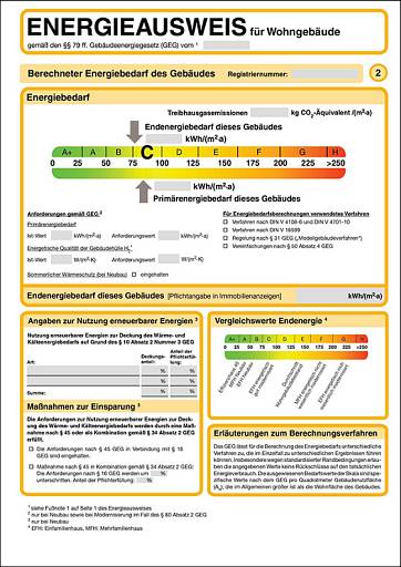 Muster Energieausweis Bedarfsausweis nach GEG 2020 © Bundesministerium des Innern, für Bau und Heimat (BMI)