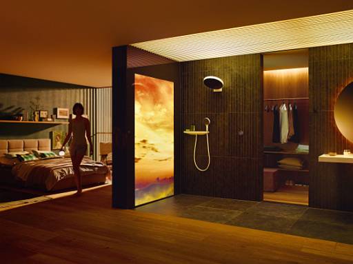 Smarte Dusche: RainTunes mit Morgenstimmung © hansgrohe / Hansgrohe SE Smarte Dusche: RainTunes mit Morgenstimmung © hansgrohe / Hansgrohe SE