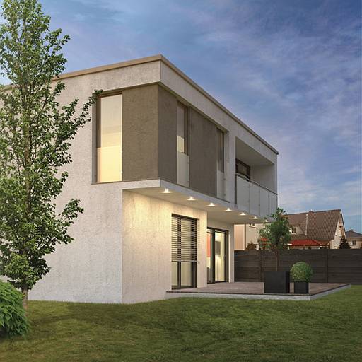 Außenansicht eines Neubaus bei Nacht mit Beleuchtung &copy; Mitsubishi Electric Europe B.V.