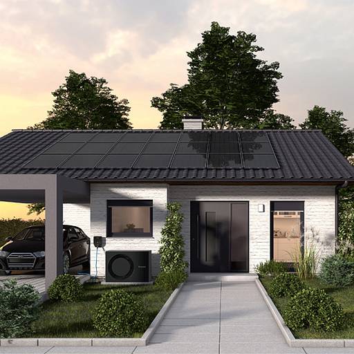 Grafik: Haus mit Wärmepumpe, Photovoltaik-Anlage und Wallbox Logavolt WLS11i P+ von Buderus © Buderus / Bosch Thermotechnik GmbH Grafik: Haus mit Wärmepumpe, Photovoltaik-Anlage und Wallbox Logavolt WLS11i P+ von Buderus © Buderus / Bosch Thermotechnik GmbH